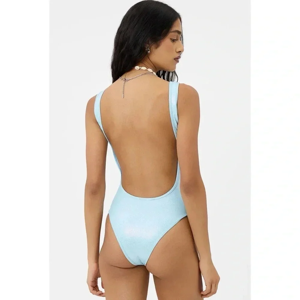 NWT Frankie's Bikinis Kyle Iridescent One Piece Swimsuit Cloud Chase Blue XL